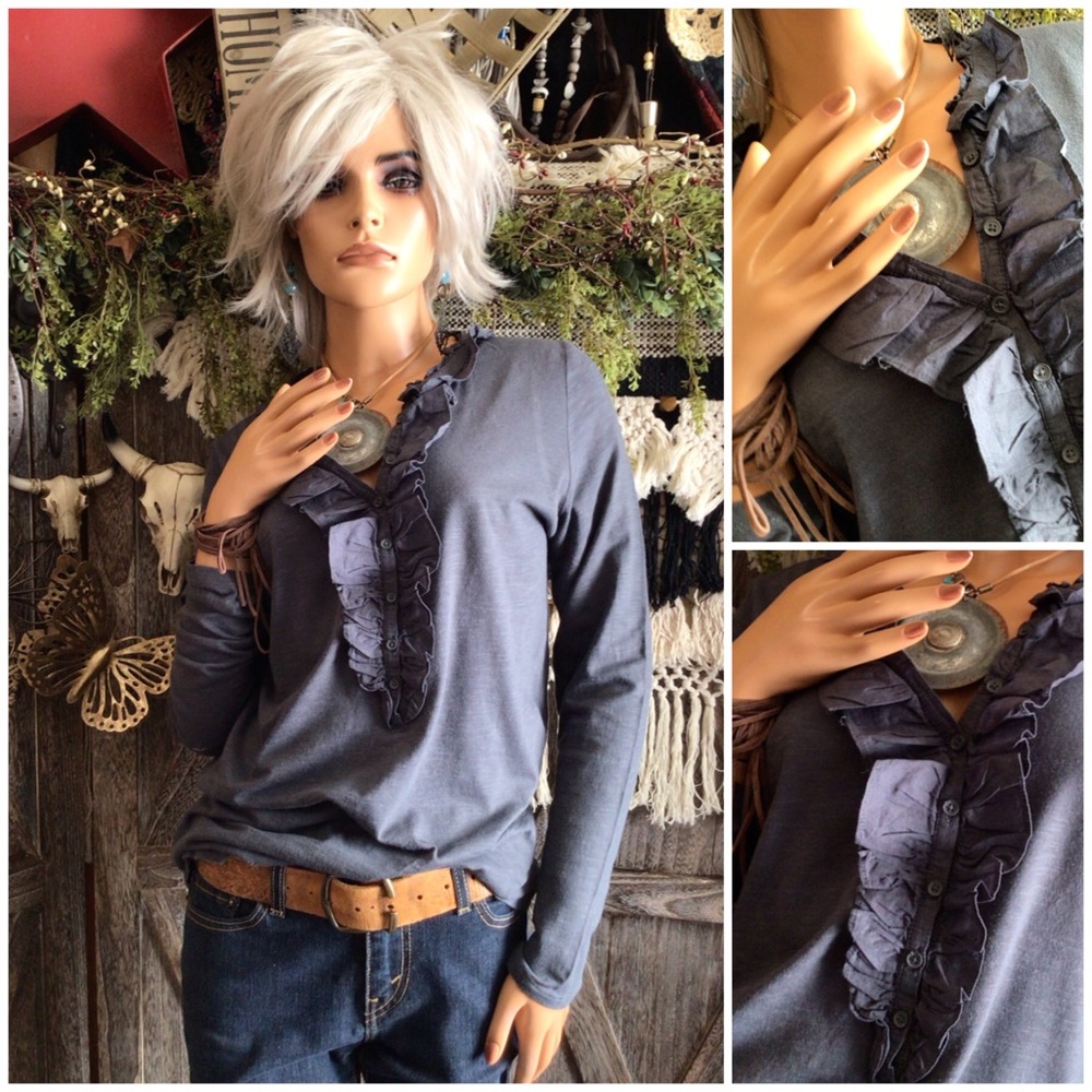 LOFT Pebble Gray Slipover Ruffled Tunic